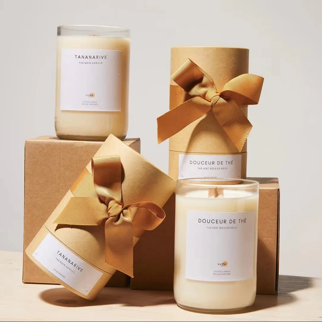 Natural kraft Custom logo printed cardboard gift round box paper tube packaging for candle jar