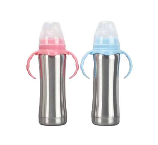 8oz BPA Free Baby Bottle with Silicone Nipple Stainless Steel Feeding Bottle with Straw