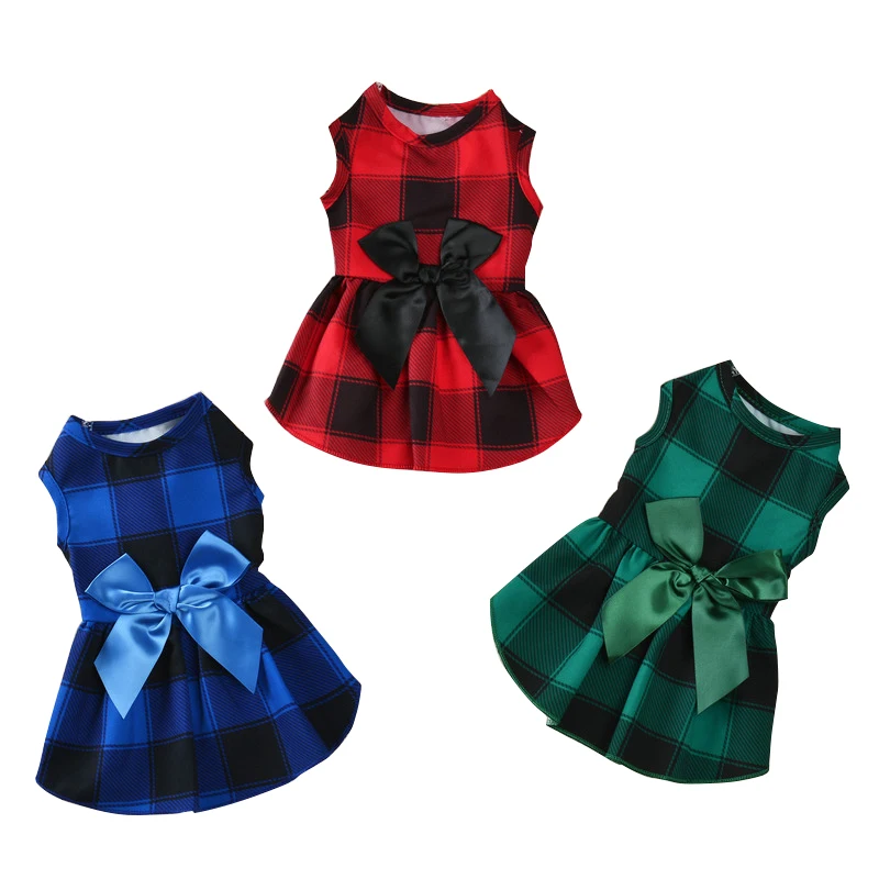 Dog Plaid Dress with Bow-knot Pet Princess Clothes Dress Pet Summer Check Pattern Skirt