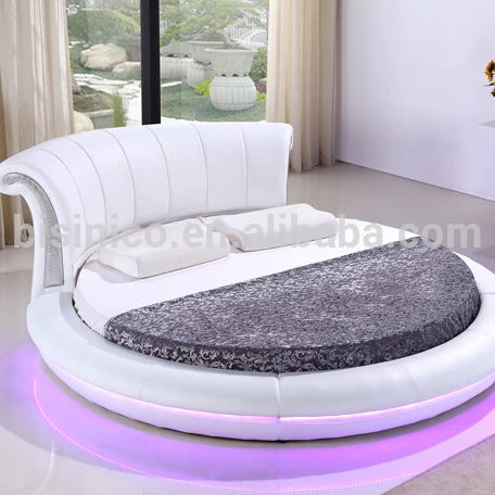 Bisini White Leather LED Round Bed, Luxury LED Round Bed