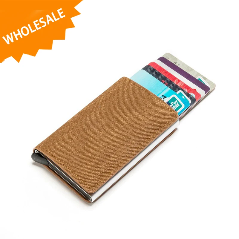 
Fashion Business Custom Rfid Blocking Leather Mini Aluminum Automatic Pop Up Card Holder Metal ID Smart Mens Card Holder Wallet 