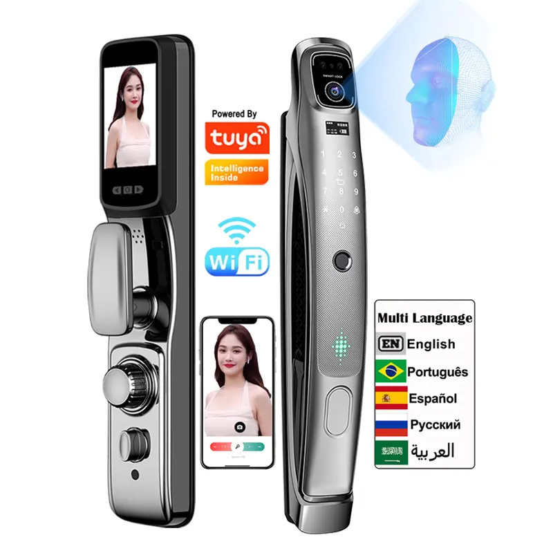Tuya Wifi Video Intercom Biometric Face Recognition Smart Digital Lock Fingerprint Key Code App Remote Unlock Electronic Lock