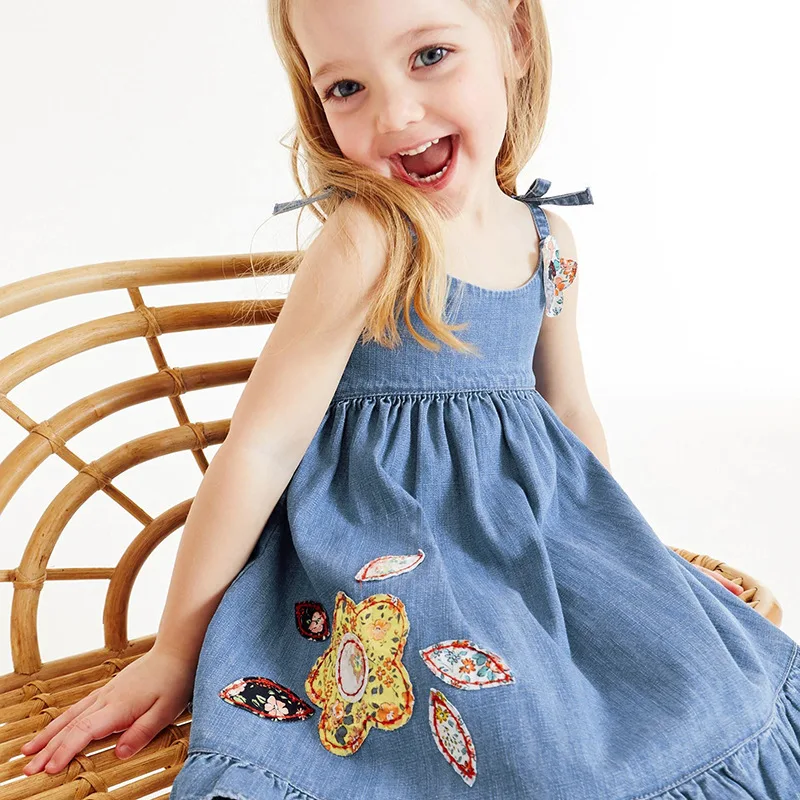New Arrival Summer girls clothing kids Embroidery Dress 100%cotton Children Girls Suspender Denim Dresses