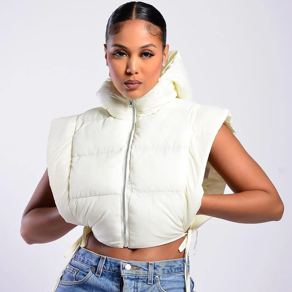 Fashion causal women puff vest winter warm custom with hood zip up crop puff vest women
