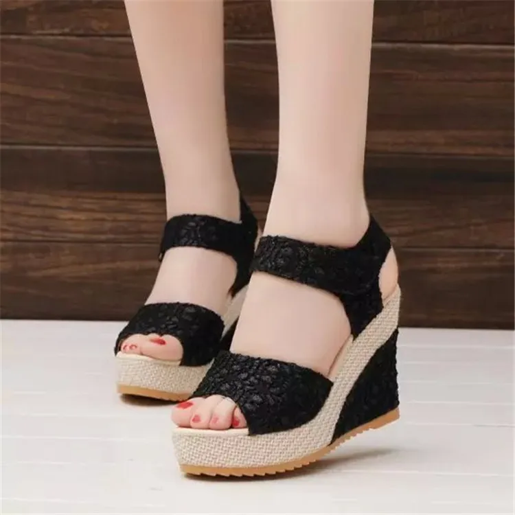 New summer ladies high heel shoes women wedge heel sandals, fish-toe magic tape sandals female heel shoes