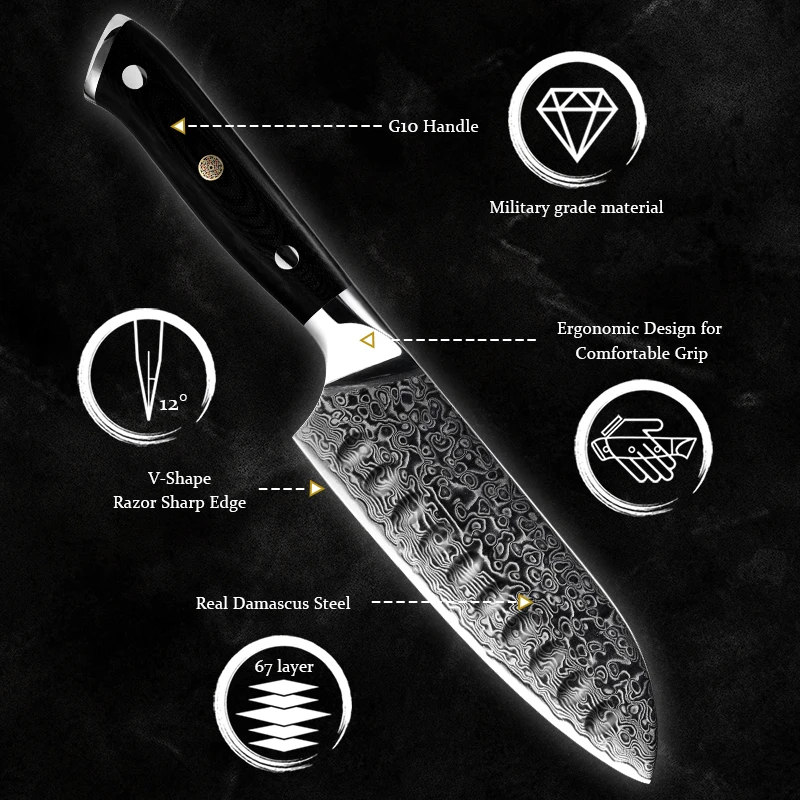 Wholesale Santoku Knife AUS10 Japanese Damascus Steel Kitchen Knife 67 Layers High Carbon Stainless Steel Chef Cooking