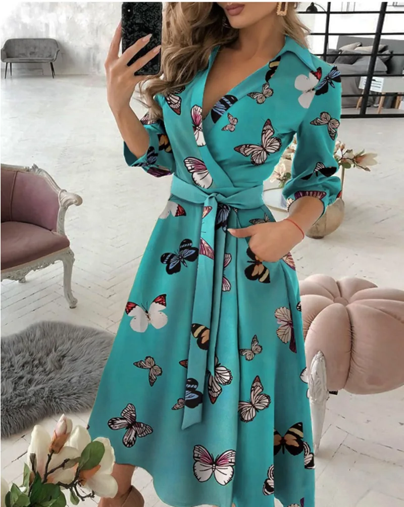 2022 Women casual offical dress high quality printing long sleeve maxi dress with pocket