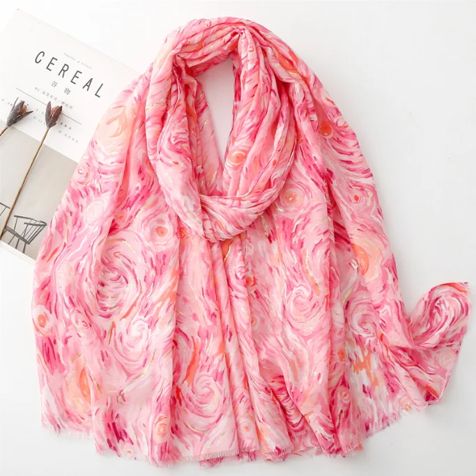 Spring and Summer Cotton and Hemp Feel Scarf Small Fragrant Wind Hot Stamped Dreamy Starry Sky Scarf Warm Shawl for Women