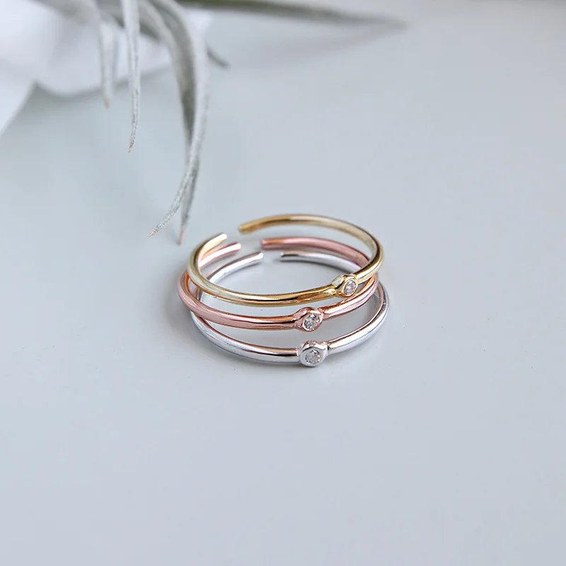 HJZ345 Simple Thin Diamond style Stacking Ring Sterling Silver adjustable Tricolor Minimalist ring