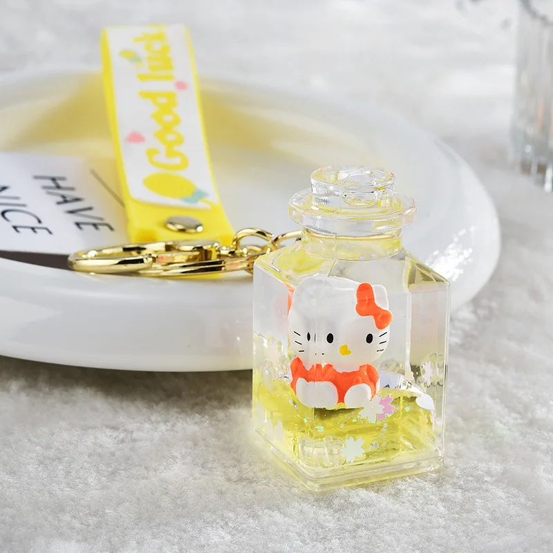 Cartoon KT cat Liquid milk tea cup keychain cute  keychain kawaii girl bag pendant acrylic quicksand car key chain