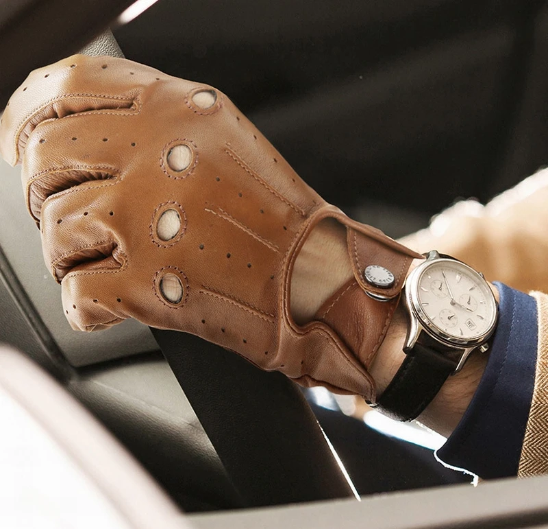 Fashion Men Premium Import Lambskin Leather Soft Full finger Light Brown Driving Gloves For Motorcycle Gloves