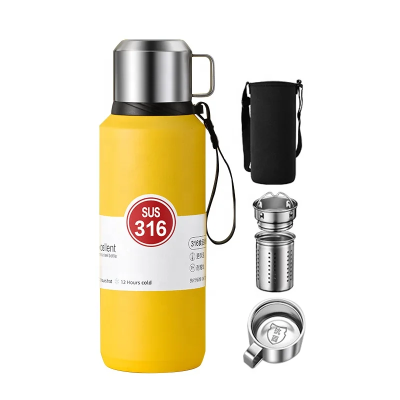 Beauchy Portable 600ml 800ml 1000ml mountaineering sport stainless steel thermal water bottle with matel lid and strap