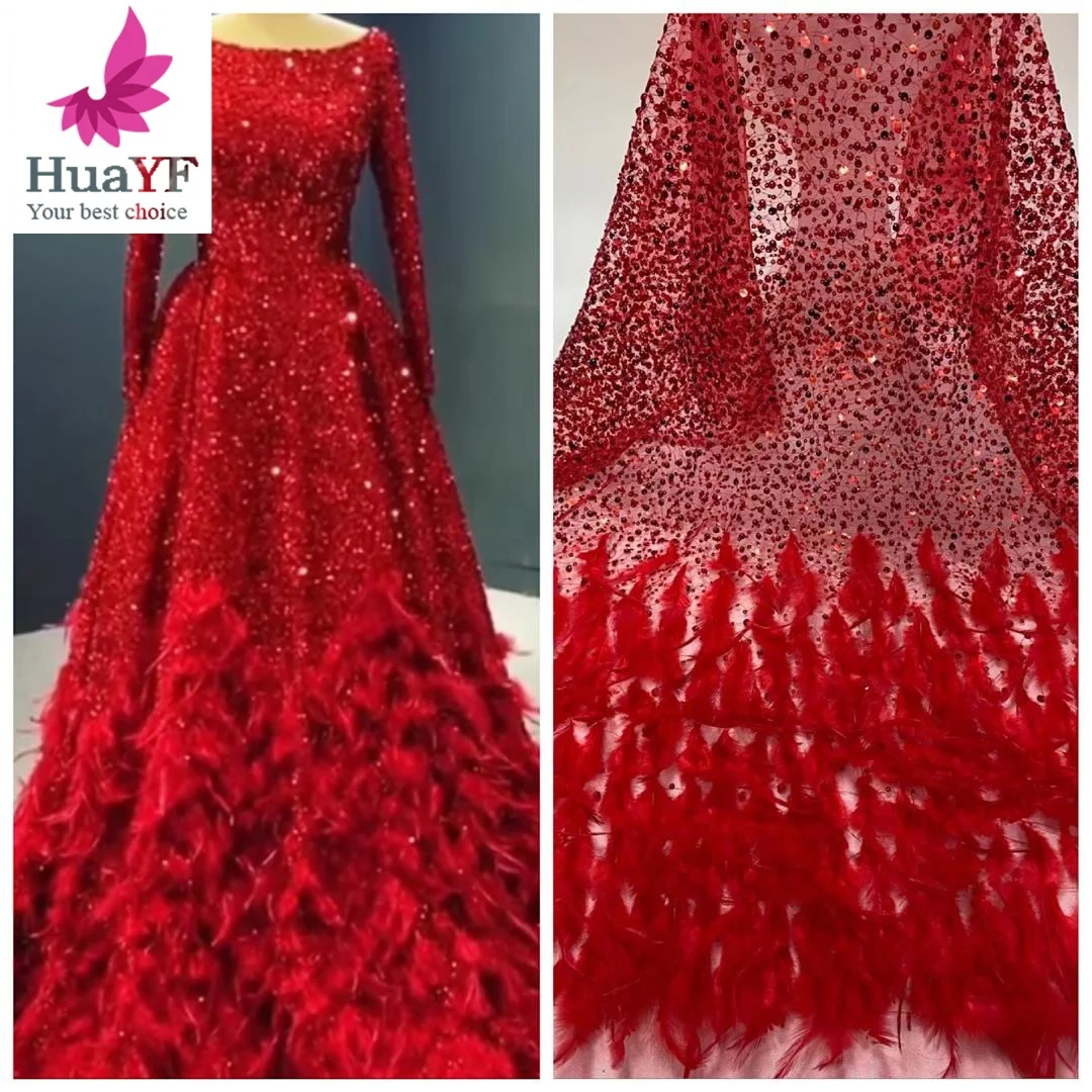 Fashion red feather tulle lace with shiny crystal sequins net embroidery beads fabrics for collection    HY1339-1