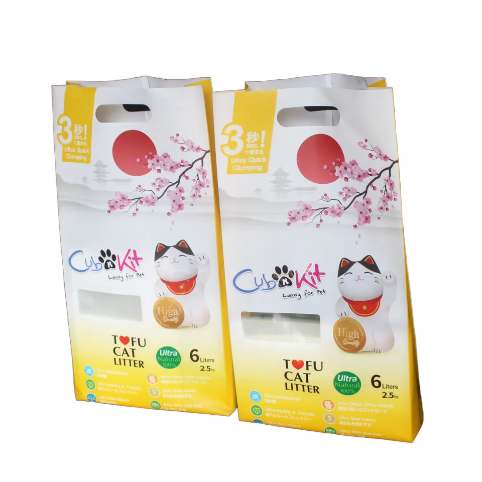 Custom print  5 L 7L  OEM/ODM  side gusset  stand up flat bottom tofu cat litter bag with handle