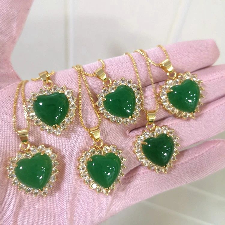 Jialin Jewelry Chinese jade fashion green jade 18k gold plated natural jade heart pendants diamond around heart pendant necklace
