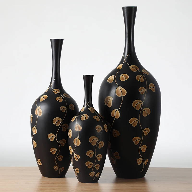 Best Selling luxury Tall Long Neck Leaf Pattern Floor  Black Resin Vase