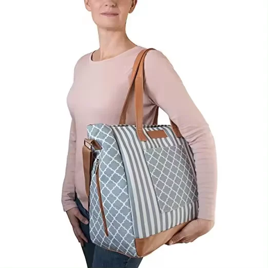 Stylish Waterproof Canvas Customized Diaper Handbag Nappy Bag Travel PU Leather Baby Tote Bag for Women