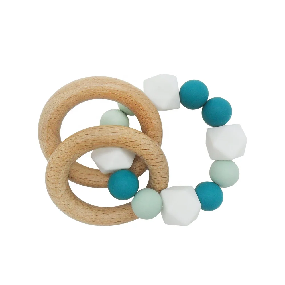 White Hexagon Silicon Beads Wooden Teether Ring Sensory Chew Bracelet