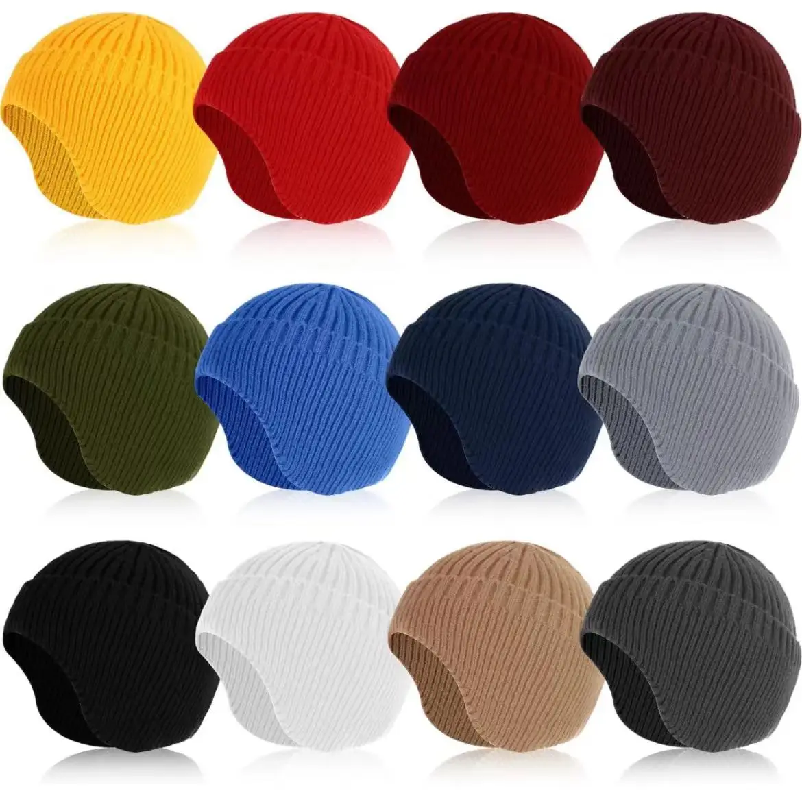 Plain Color Unisex Winter Hats Acrylic Wool Beanie Hats With Ear Flaps