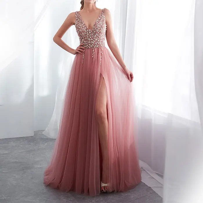 2020 Wholesale Long Sparkly Beaded Graduation Party Gown Sexy Open Leg Prom Dress