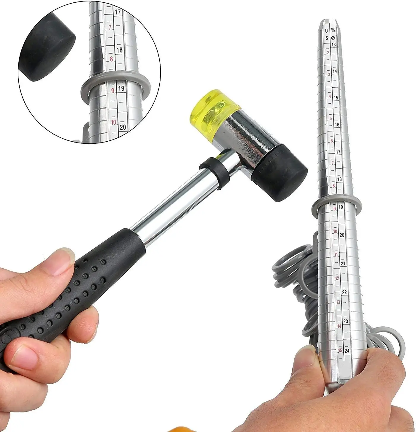 3PCS Jewelry Making Tool Ring Enlarger Stick With Rubber Hammer Kit Finger Sizes Measuring Metal Rod Set Mandrel Gauge Sizer