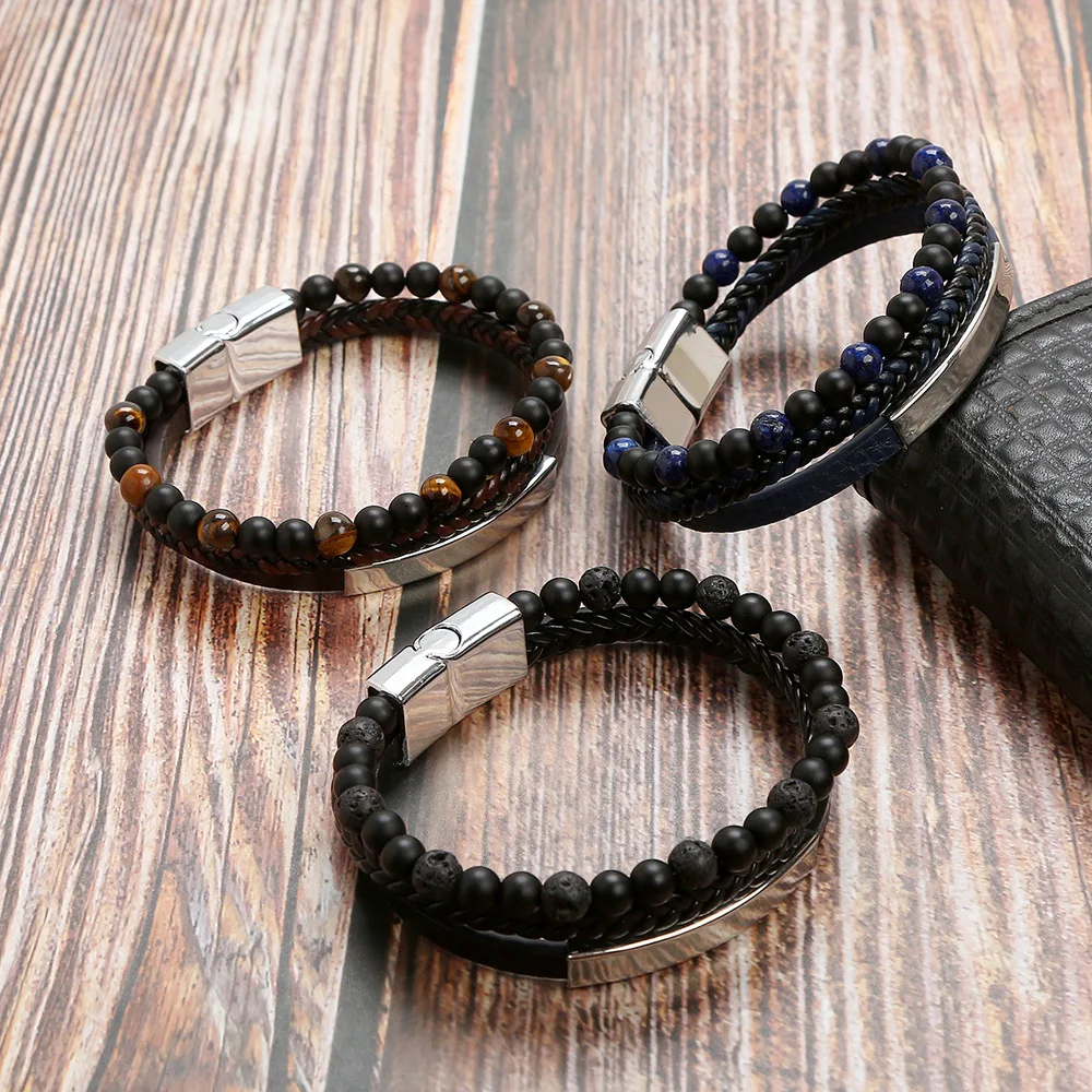 Vintage Stainless Steel Jewelry Unisex Braided Magnetic Clasp Beaded Leather Bracelet For Men