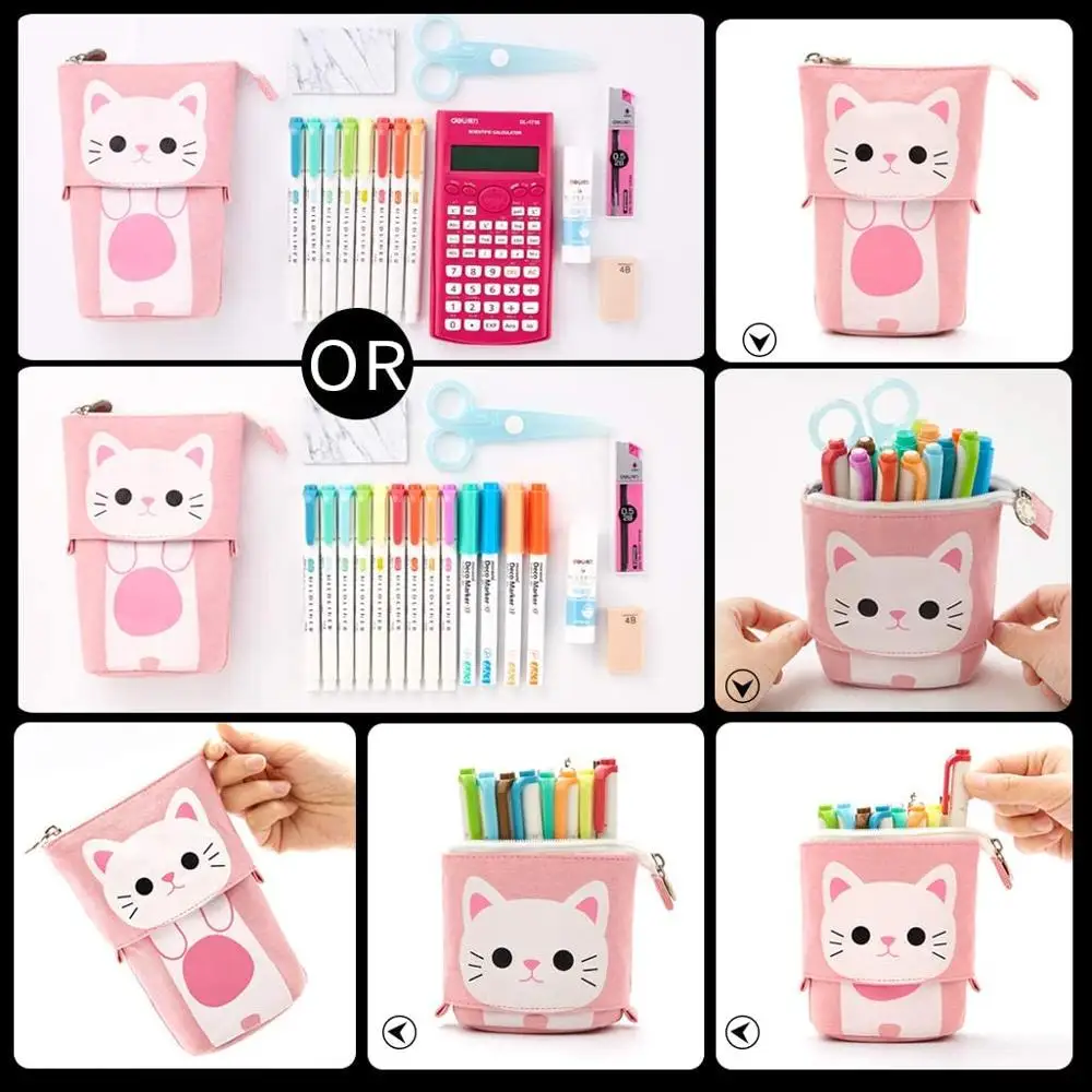 Korean Large Capacity Cute Stand Up Canvas Pencil Pouch holder,Custom Pop Up Telescopic  Pencil Case Bag Stationary For Girls