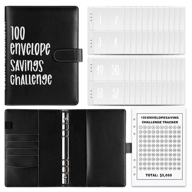 100 Envelope Savings Challenge A5 Challenges Pu Leather Budget Binder Planner Notebook For Money Saving Bulk