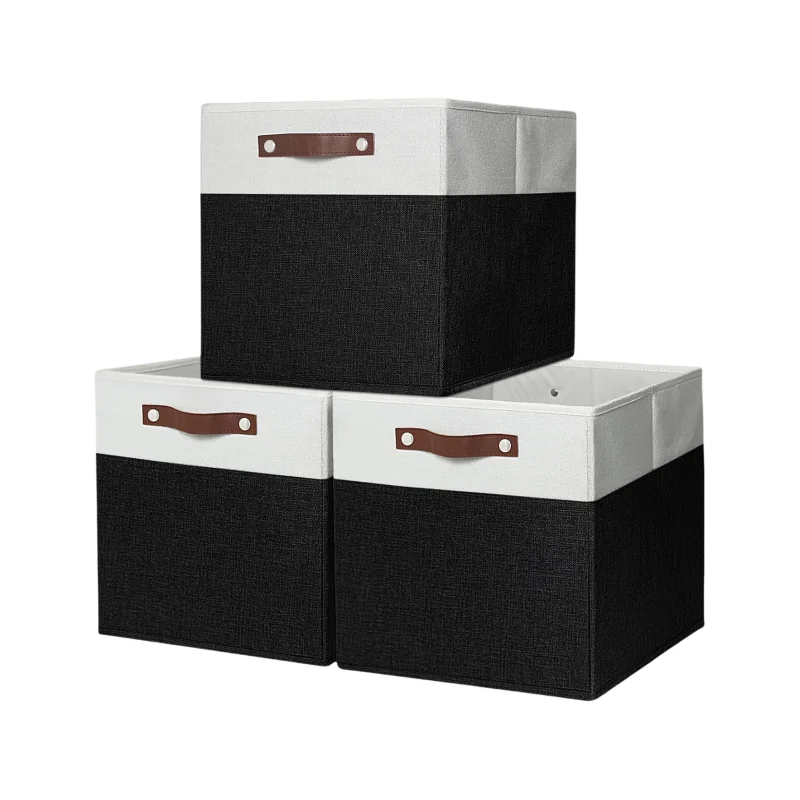 13 inch Open Collapsible Fabric Storage Bins with Vegan Leather Handles Sturdy Cube Storage Baskets for Shelves, Closet, Nursery