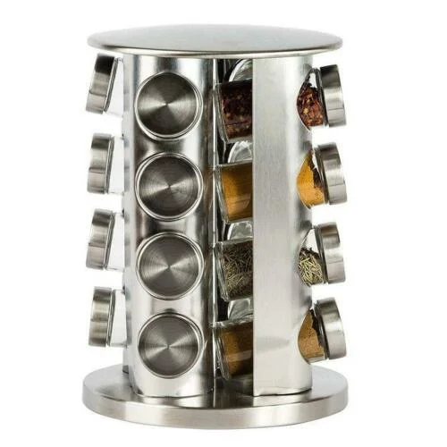 Space Saving & Easy Access Revolving 20 Empty Glass Jars Kitchen Countertop Stainless Steel Spice Rack Tower Stand Organizer