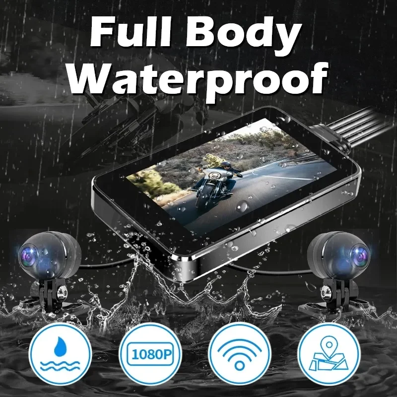 Motorcycle Dash Cam 4 Inch 1080P Dual Lens Wifi Video Recorder Motorbike Camera Sports Action Camera