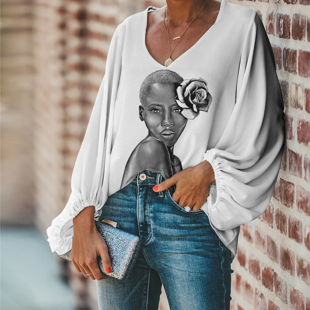 
2020 New Design Blouses Elegant Fall Shirts Print Africa Indian Long Sleeve V Neck Sexy Casual Ladies Women Black Plus Size Face 