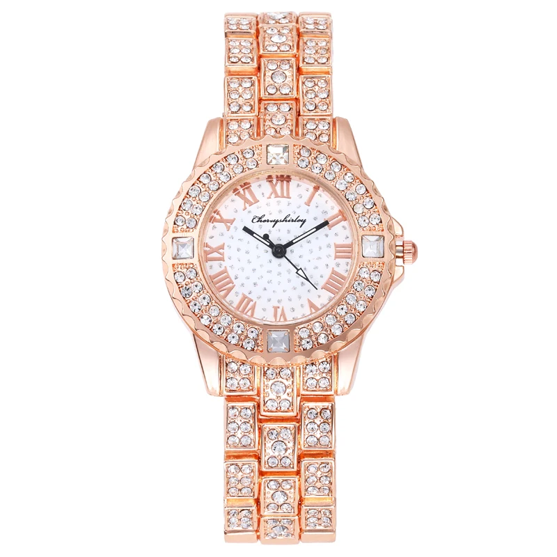 Crystal Ladies Quartz Wrist Bracelet Pink Lab Made Diamond Watch Women JAW-0913