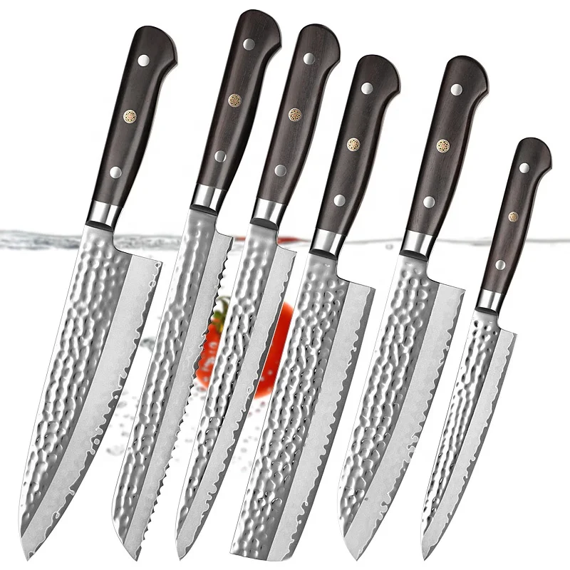 Japanese master chef knife set wood handle kitchen knife set with forged hammered pattern