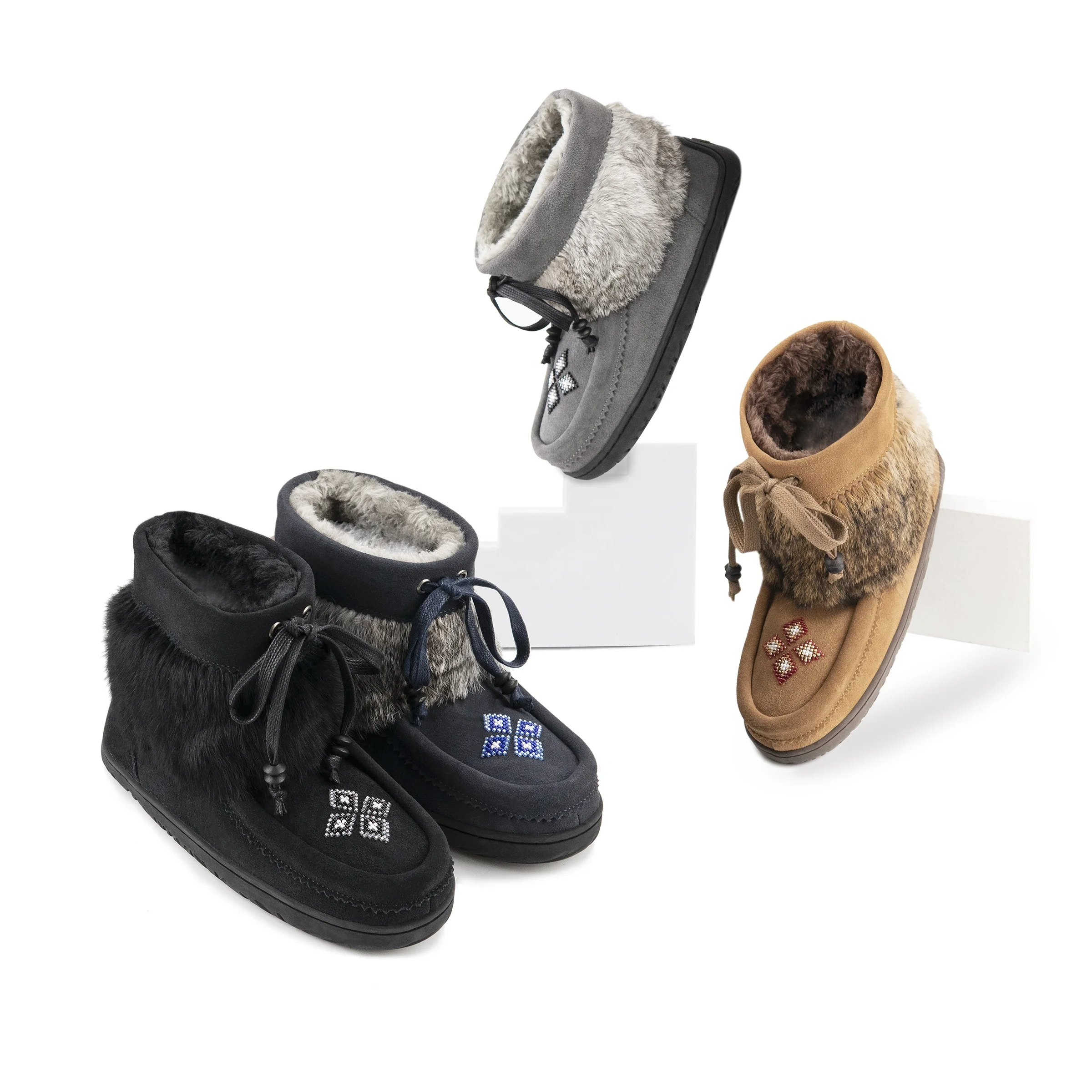 Custom 2022 beading girl cowboy furry fur black snow boots leather winter ankle women boots for ladies