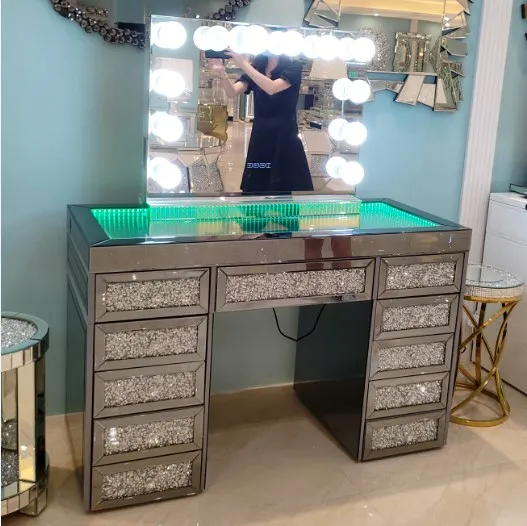 Top Seller Contemporary Crushed Diamond Mirrored Furniture Vanity Dresser Mirrored Dressing Table with Makeup Hollywood Mirror