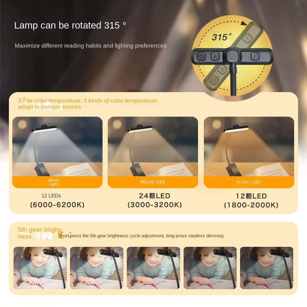24LEDs Double-Row Lamp Beads Flexible Cross-Border TYPE-C Charging Clip Lamp with Rotating Holder Eye Protection Book Lamp