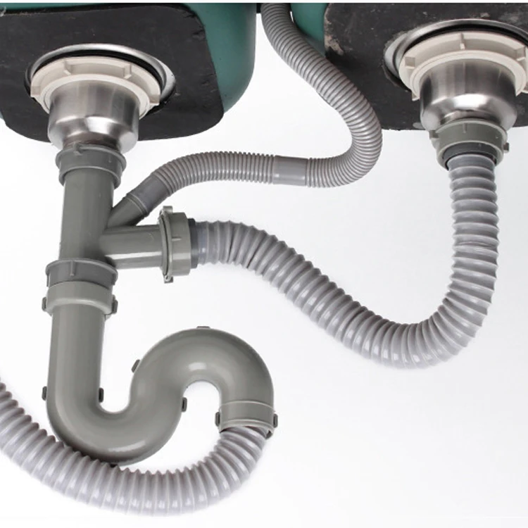 Siphon 304 Stainless Steel Kitchen Sink Double Bowl Siphon Flexible Drain Pipe Double Heads Kitchen sink Waste Strainer