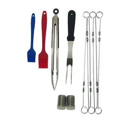12 pcs BBQ Cooking Tools Sets Plastic Handle Tongs Meat Fork Skewers And Sauce Bottles Silicone Oil Marinade Brush Outdoor Tools