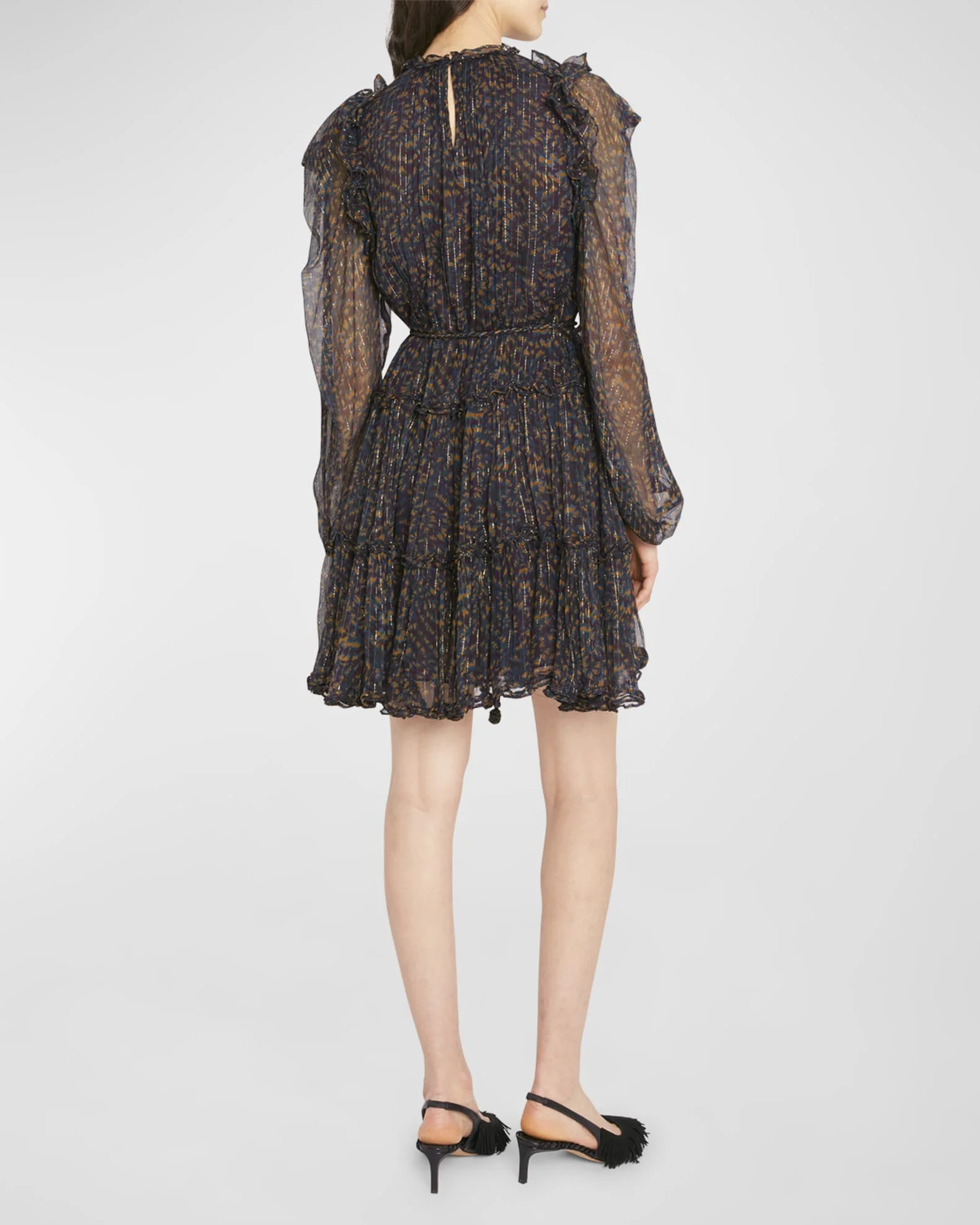 Custom Lady Elegant Slim Crew Neck Long Puff Sleeves Tiered Ruffle Skirt Fall Casual Women Mini Dress