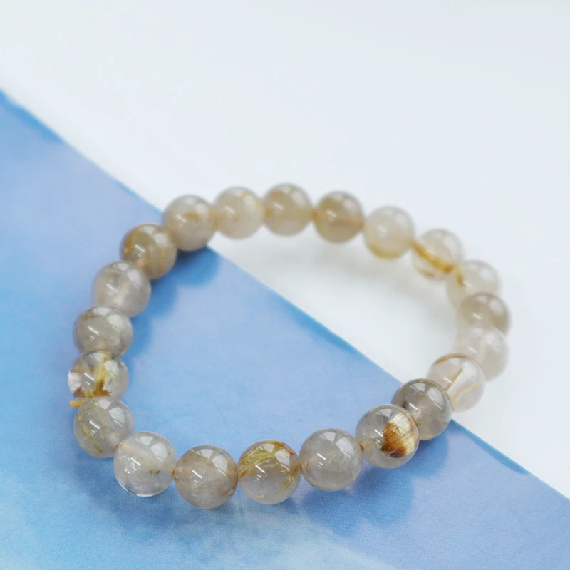 Round Beads Elastic Stretchable Bracelet Rutilated Quartz Crystal Genuine Natural for Men Women 8mm Golden Ball Gemstone Beads -