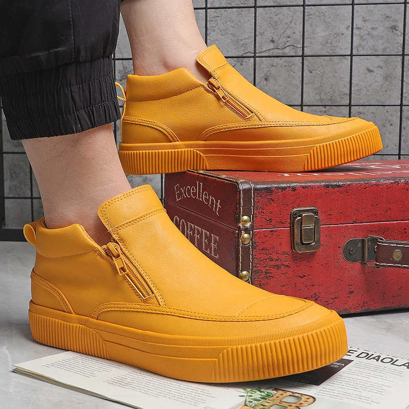 Diamond Sport high cut business vulcanized black leather canvas trendy shoes without laces