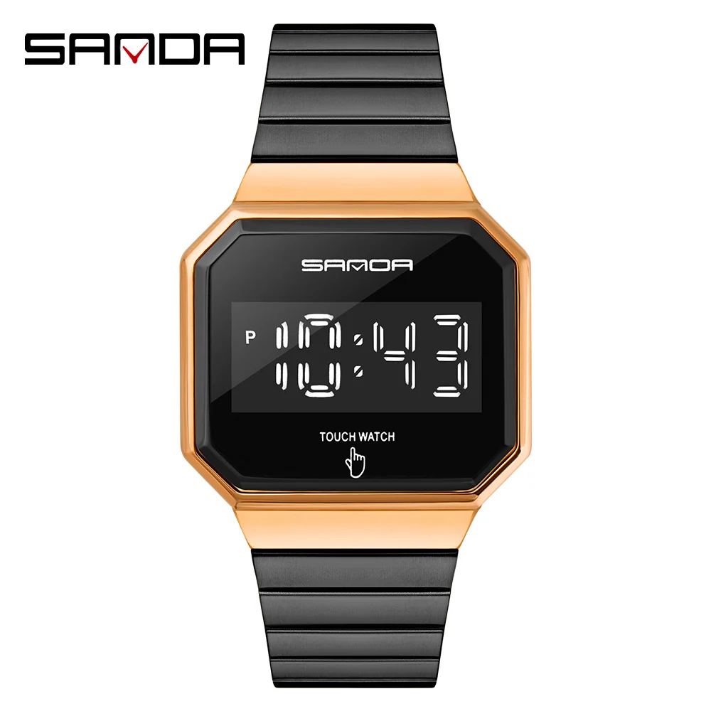 Sanda 8001 Роскошные светодиодные наручные часы с сенсорным экраном для мужчин светящиеся водонепроницаемые стальные