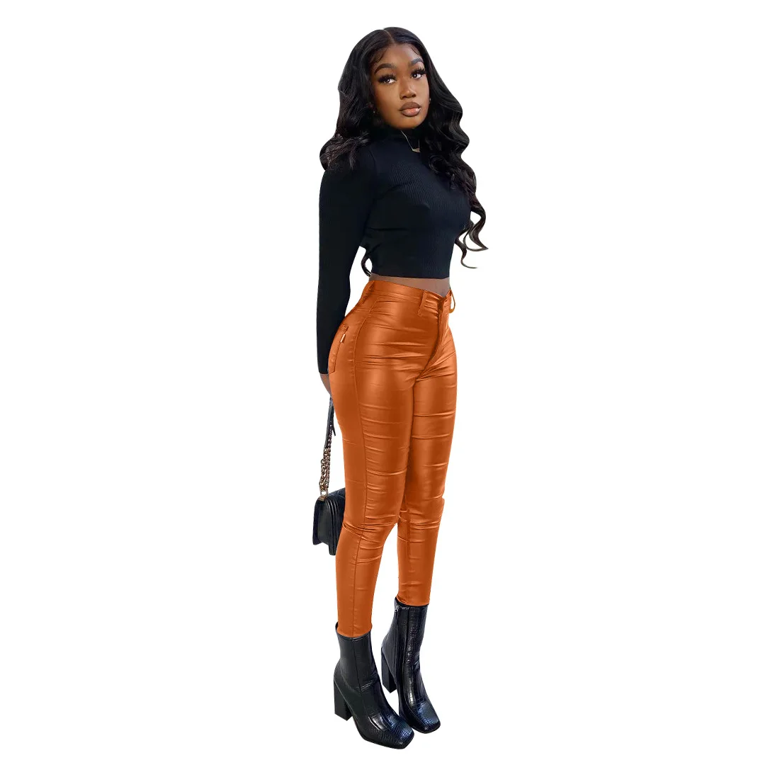 New Arrivals 2022 Women Fashion Black Skinny Tight Stretchy Pu Leather Jogger Pants Popular Womens Faux Leather Trousers
