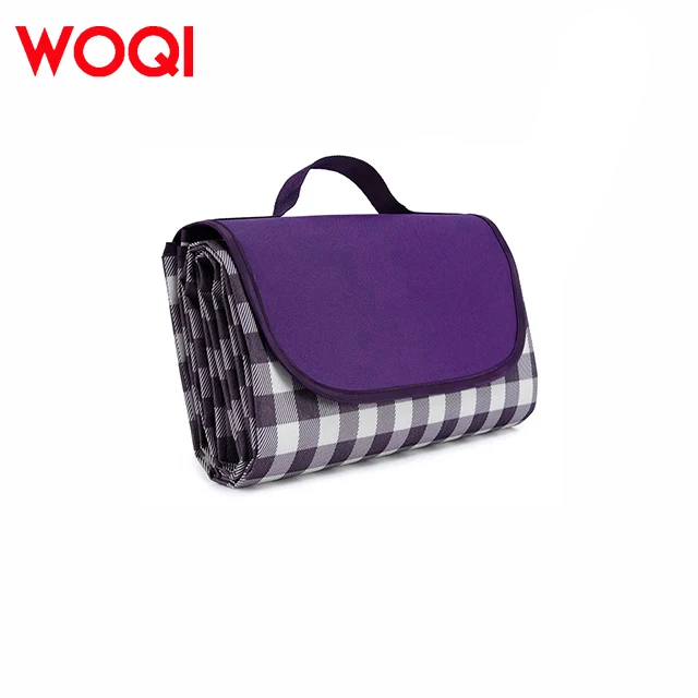 WOQI Custom 150x200cm Oxford Picnic Blanket Recycled Printed Quilted Waterproof Luxury Outdoor Rug Leather Strap Mattress Type