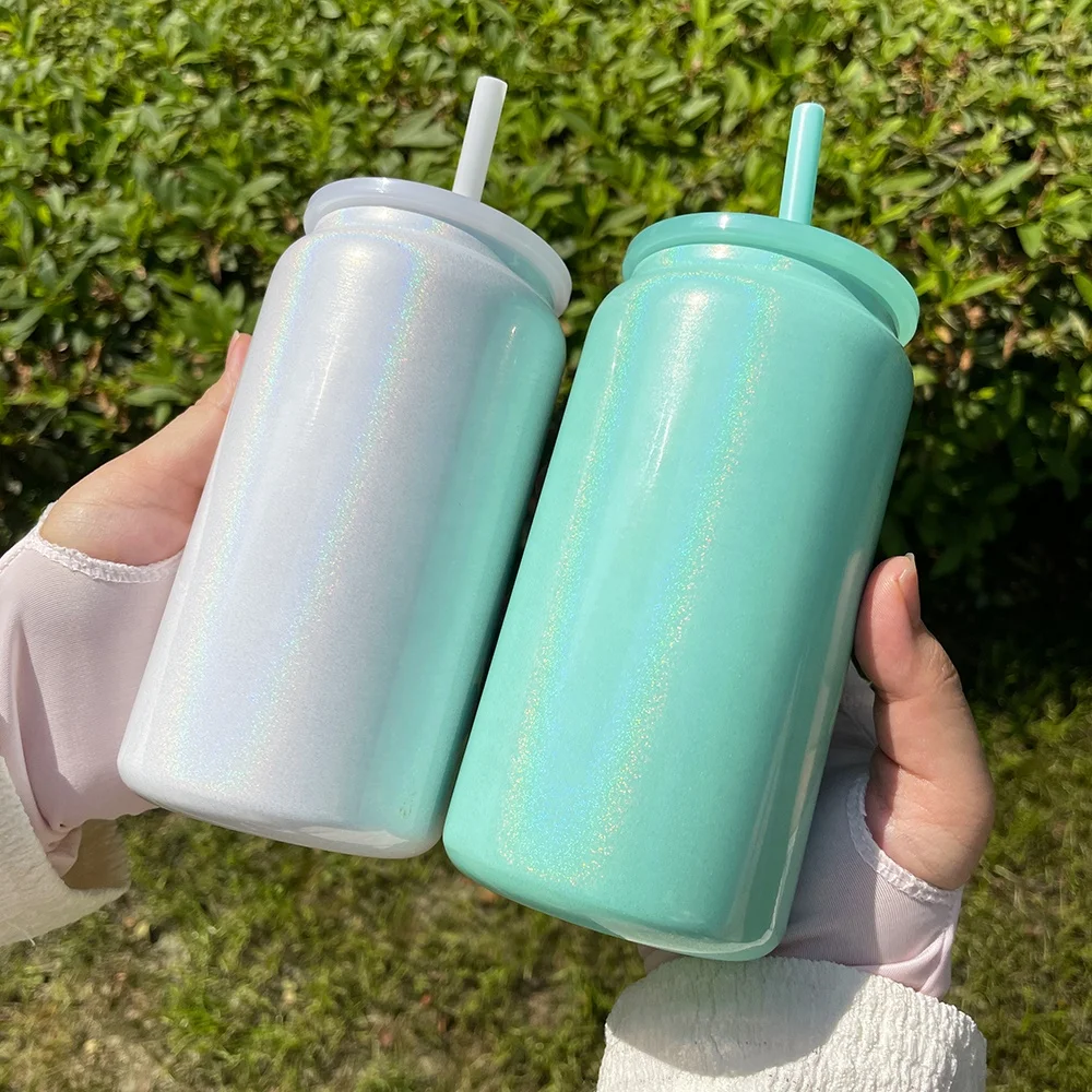 metal double walled vacuum insulated shimmer sublimation 16oz stainless steel can tumbler for travel