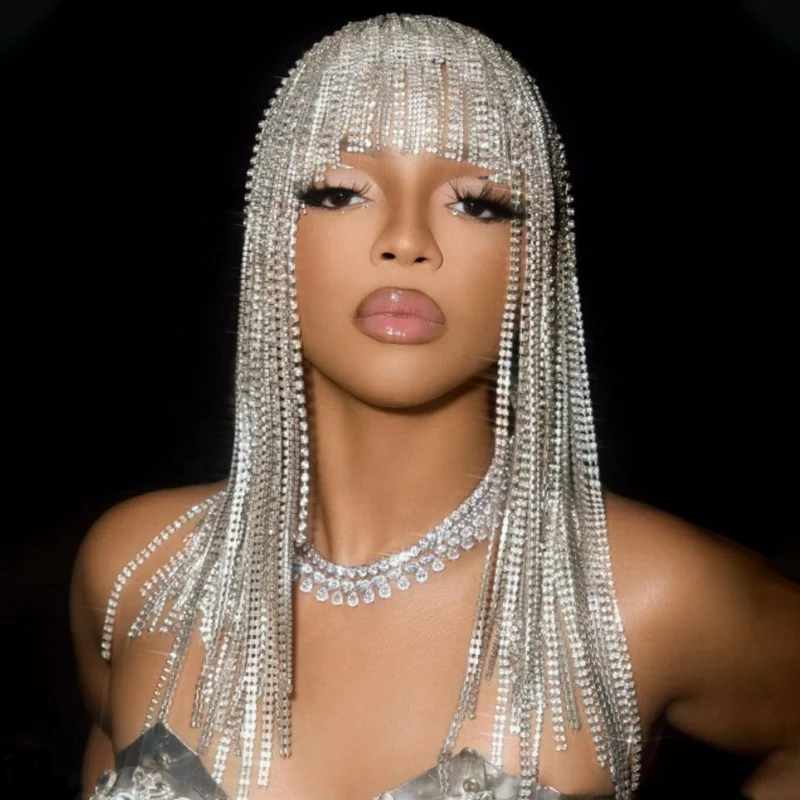 SHIHAN F228100 Luxury Rhinestone Long Tassel Headpiece Carnival Crystal Shiny Women Hollow Mesh Head Chain Hair Jewelry