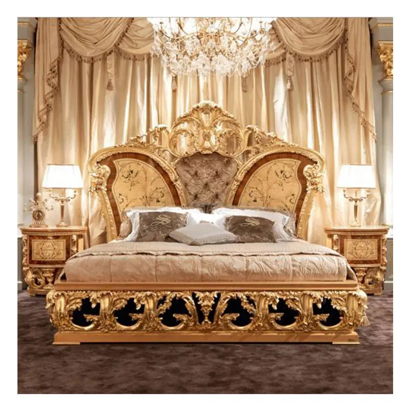 Fancy furniture  latest European Royal Classic Solid Wood Carving living room Bedroom set king size carved beds