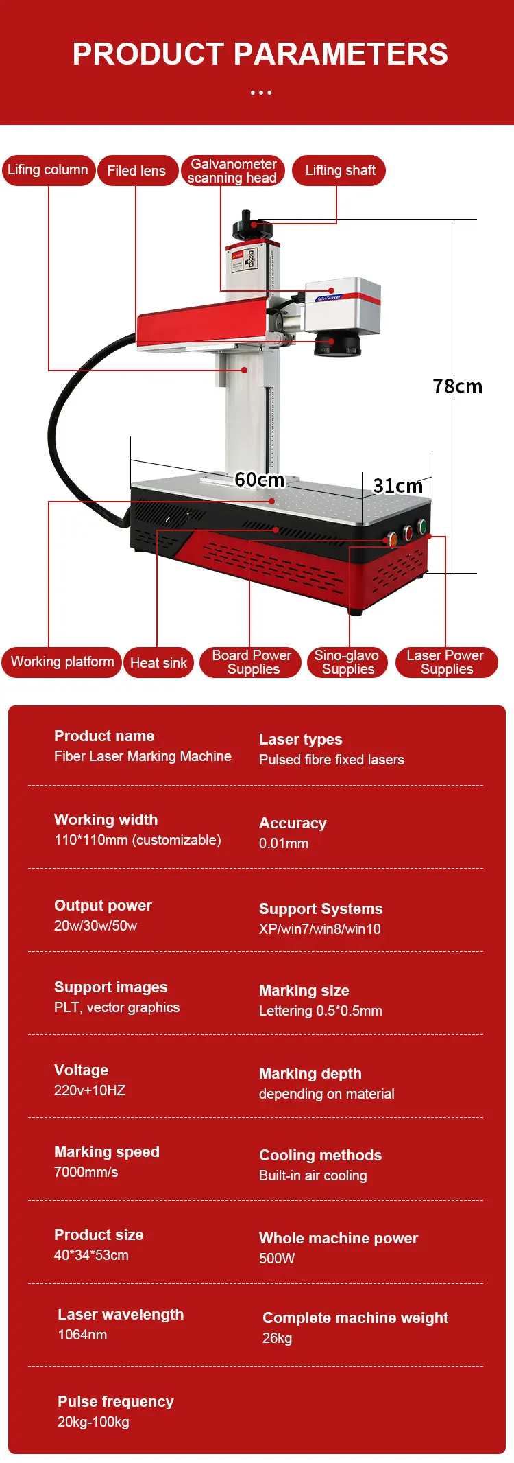 Desktop Mini Optical Fiber Laser Marking Engraving Machine Brand Raycus Galvo Scanner Align System 20W 30W 50W