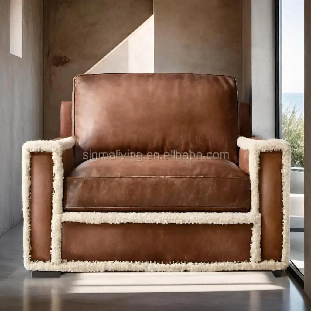 Home Furniture American Style Chesterfield Living Room With Shearling And Edged With Nailheads Leather Chair